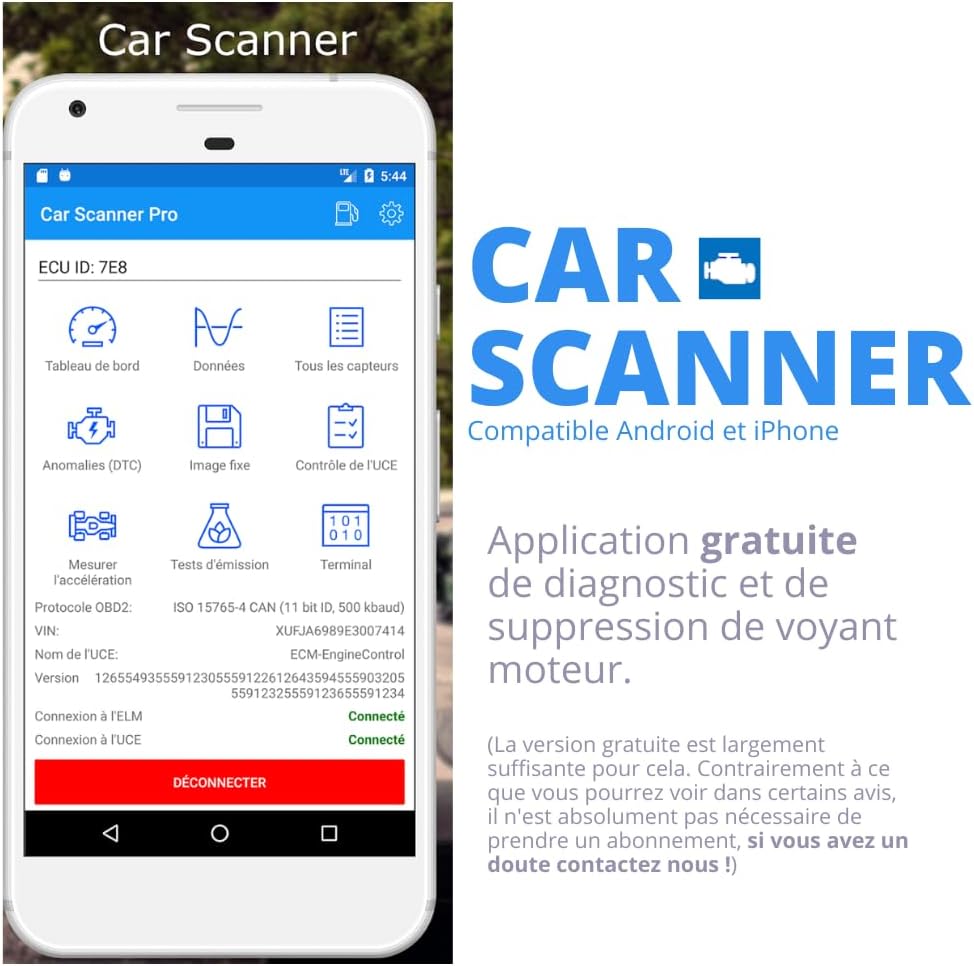 OBD2 Connexion Bluetooth + Support Francais 7/7J - Diagnostic des Codes Moteur en 3 Min ! Valise de Diagnostic Compatible avec la majorité des VÉHICULES - Vendeur Francais avec Support 7/7J 2026
