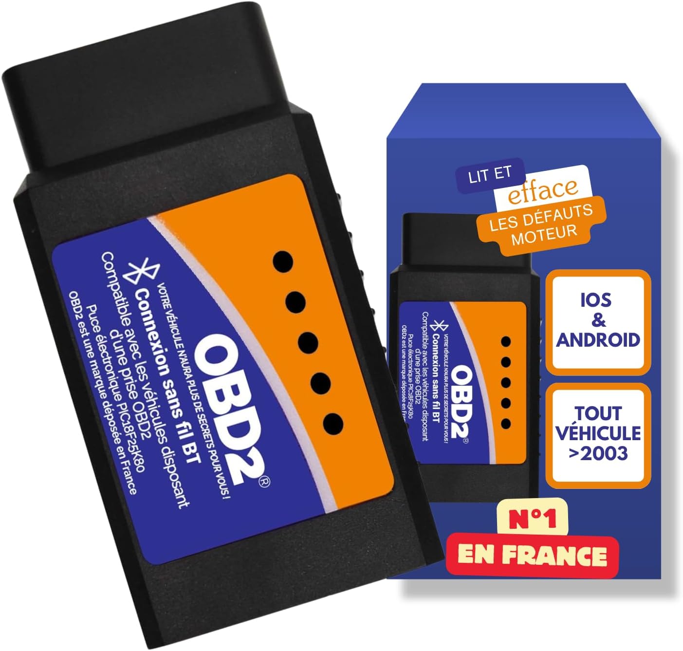 OBD2 Connexion Bluetooth + Support Francais 7/7J - Diagnostic des Codes Moteur en 3 Min ! Valise de Diagnostic Compatible avec la majorité des VÉHICULES - Vendeur Francais avec Support 7/7J 2026