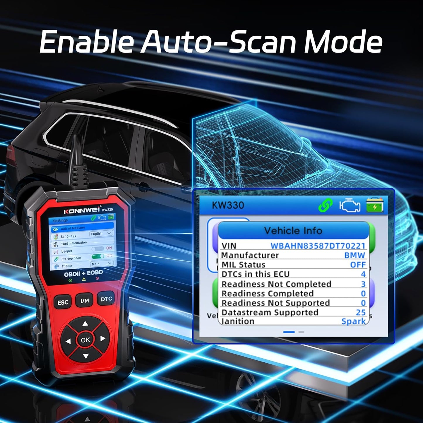KONNWEI Valise Diagnostic Auto Multimarque OBD2, OBD2 Diagnostic Français, Valise Voiture Diagnostic Francais, Lecteur de Codes de Panne Moteur, pour Tous Les VéHicules OBDII AprèS 2003