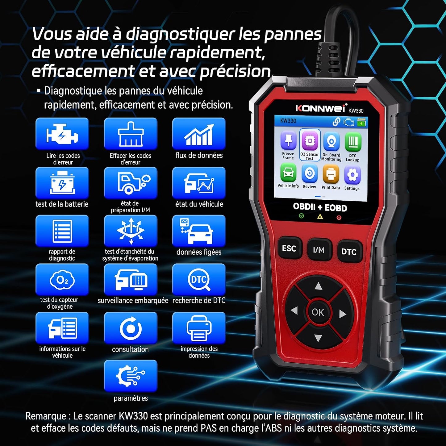 KONNWEI Valise Diagnostic Auto Multimarque OBD2, OBD2 Diagnostic Français, Valise Voiture Diagnostic Francais, Lecteur de Codes de Panne Moteur, pour Tous Les VéHicules OBDII AprèS 2003