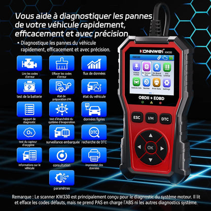 KONNWEI Valise Diagnostic Auto Multimarque OBD2, OBD2 Diagnostic Français, Valise Voiture Diagnostic Francais, Lecteur de Codes de Panne Moteur, pour Tous Les VéHicules OBDII AprèS 2003