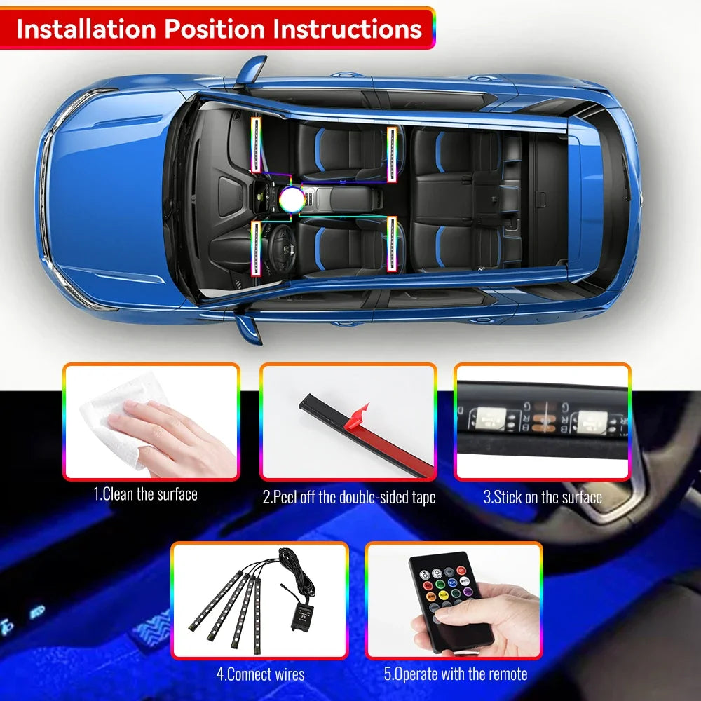 Néon LED Pieds Voiture 36/48/72 LED - Ambiance RGB avec Télécommande et Application